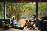 In the veranda of a village house in northern Sri Lanka, a young Tamil man and an old Tamil woman sit on the floor leaning against the fall.