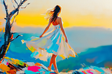 A woman in a flowing white dress stands on a cliff at sunset, her hair swaying in the breeze, framed by a lone tree and vivid colors.