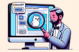 Digital illustration of a scientist examining a cartoon cat inside a magnifying glass on a ChatGPT interface, with various interactive buttons and search features on a computer monitor.
