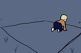 A cartoon drawing of a baby on a blanket on grass, crawling away. The color scheme is subdued, slate-blue, and the baby is a bright spot.