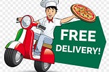 A graphic of a chef riding a scooter and holding up a pizza, behind which appear the words “Free Delivery!” Would you order a pizza that was delivered without a box?