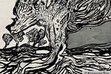 Black and white abstract illustration of a large, central tree with swirling, textured bark and branches. Smaller, similarly styled trees appear in the background, set against a sky shaded in gray tones. The image is highly stylized with bold, expressive lines. A watermark in the bottom right corner reads “©FrancoisTop.”