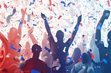 Diverse people celebrating a victory for equality under white, blue and red confetti.