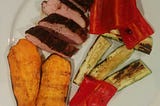 Coffee rubbed pork tenderloin with grilled yams, zucchini, and red peppers