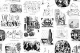 Classic black and white New Yorker cartoons arranged in a balanced pattern for wallpaper.