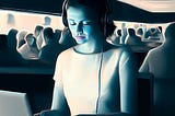 calm female person with headphones working on a computer surrounded by many people in a diner, digital art, in edward hopper style of the picture Nighthawks