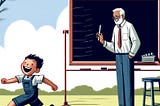 Cartoon of a child is running away laughing from a teacher writing on an outdoor blackboard