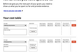 A screenshot of the cost table prototype including guidance text and sections for grantees to add their project costs