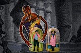 A killer 1940s robot zapping two large domes with eye-lasers; trapped under the domes are two children, taken from 1910s photos of child laborers; one, a little girl in a straw hat, is holding two heavy buckets. The other, a newsie with a shoulder bag, is picking his nose. The background is the collapsing pillars seen in Dore’s engraving of The Death of Solomon.