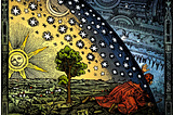 alchemical image by flammarion of man in country background with sun stars moon reaching through a hemisphere into a blue layerd with symbols