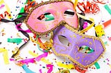 Masks, confettis of all colours, streamers.