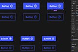 A row of Button components in Figma, with the Inspector panel showing various properties