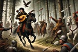 a bard plays his lute atop a horse amidst a terrible battle