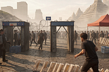 Three checkpoints stand before a child knocking over large dominoes. A large crowd is in front. The earth is cracked from heat. Modern buildings nad ancient temples are visible on the horizon.