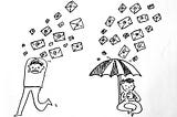 Line illustration of a person running from a rain of emails, covering their head and grimacing, and another person sitting under an umbrella, emailings raining down, enjoying a mug of tea