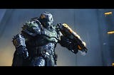 The Doom Slayer poses dramatically with his special shield, which is lined with saw blades and crackling yellow energy bolts.