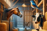 A horse, a cow, a blue jay bird, and a rat in a barn.