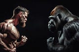 Muscular man and gorilla face each other in mirrored pose, showcasing strength and intensity.