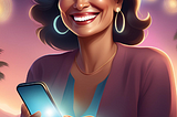 An attractive middle-aged woman is smiling and looking at her smartphone.