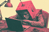 A duotone illustration: A weary man slumps at a wooden desk in front of an open laptop, a lamp leaning over him. His head is encased in a heavy wooden box topped with a small antenna, making him look like a crude, makeshift robot — a person performing humanity badly while trying to look like a machine.