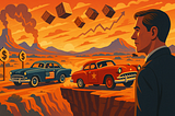 US-China trade war depicted as a dangerous game of chicken: American and Chinese flagged cars race toward a cliff edge in a California-like desert reminiscent of ‘Rebel Without a Cause.’ Dollar sign road markers, airborne trade goods, and rising price graphs illustrate the economic stakes as a lone spectator watches the impending collision.