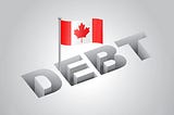 Canadian flag waving over 3d debt text.