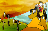 A digital drawing of a queen, somewhat resembling the queen from a playing card. She is wearing yellow and black robes and carrying a strange device in her left hand and an axe in her right. There are also three axes to the left of the image. The scene shows hills and a strange yellow veil with clouds. Art by Doodleslice 2024
