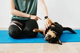 A black-and-tan dog lies on its belly on a blue yoga mat. Beside the dog, a person uses one hand to administer belly rubs while using the other to gently scold the dog for interrupting their practice.