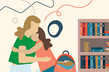 An illustration of a mother hugging her daughter in a classroom.