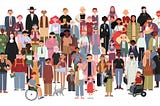 A cartoon graphic of a large group of diverse people