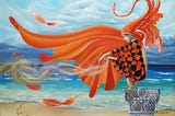 Fantasy image of a jester with feathered headdress releasing feathers on a beach.