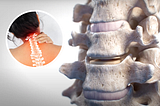 Cervical artificial disc implant and a small circle photo of a women gripping her neck in pain