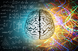 Artistic rendering of a brain and a backdrop of equations on the left and creative light streams on the right.
