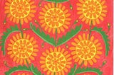 Primitive Art from 1968: nine yellow flowers with orange petals and green stems, leaves, and yellow buds are prominent against a light red background. Their stems originate from a blue and pink vase at the bottom centre, a vase with cat and fish features.