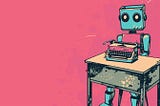 pop art illustration of robot sitting behind a desk with a typewriter