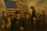 An image of an angry mob headed to the barricades with an American flag.