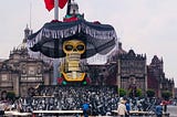 A giant skeleton wearing a hat is at the centre of this picture, representing the “Day of the Dead” in Mexico City