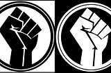 Two Black Power fists. The left fist is black on a white background within a black ring; the right is its inverse.