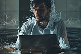 A man sitting with a laptop while halfway submerged in water (and more water is pouring on his head). He seems lost in thought, almost giving up as the water continues to bury him.