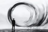 Monochrome digital artwork showing a silhouetted man standing in front of a large swirling vortex on a reflective surface.