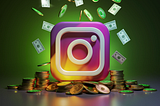 Instagram 3D fantastic logo, Background flat with Instagram theme gradient, Green Money falling, gold coins, Green rim light, realistic details, composition, cinematic, Neon style. AI art by Alizee Ali Khan