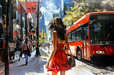 Young woman on a busy street with a bus passing by
