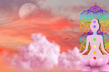 Pink hues surrounding the full moon, pink clouds in the foreground with pink female silhouette in meditation pose with chakra symbols