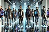 The image showcases a futuristic fashion runway with models wearing cutting-edge clothing designs. The outfits feature high-tech elements such as embedded LED lights, metallic fabrics, and innovative textures, all contributing to a cyberpunk aesthetic. The models are walking on a sleek, reflective floor with holographic displays in the background, adding to the futuristic atmosphere. The entire scene exudes a sense of advanced technology seamlessly integrated into fashion.