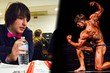 A photo of myself in high school in 2015 next to me posing during a bodybuilding contest in 2022