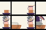 Collage of 6 different capacity states represented by a number of dishes and cups that someone has to balance. It starts with an image of a single, orderly cup that is off to the side of an image frame and ends with a messy pile of toppling dishes from both sides of the image frame.