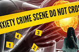 background of robot hold his head with bright yellow brain. Across the screen anxiety crime scene tape