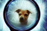 The face of a tan and beige dog inside a magnifying glass with light/energy rays coming from inside the glass and out to the background
