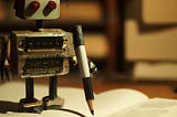 A Robot with a pen writing on a book