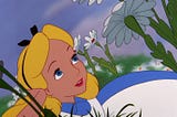 Scene from the 1951 movie Alice in Wonderland. Alice lies on the ground next to the daisies, before encountering the White Rabbit.